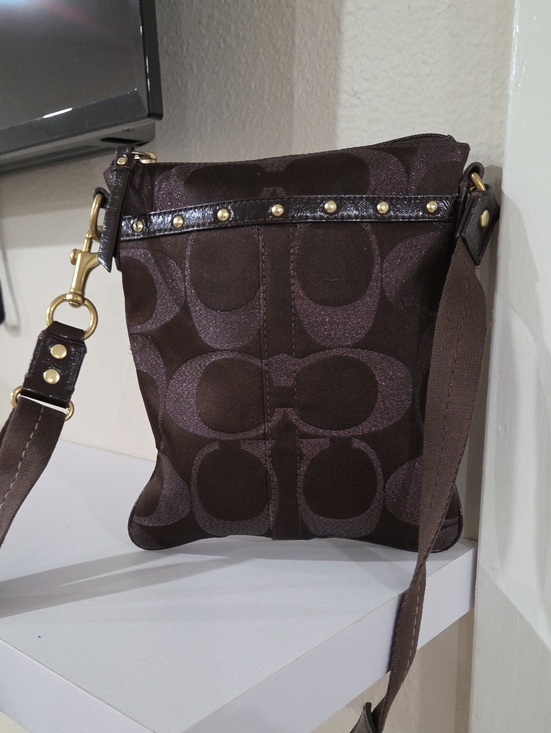 Coach Handbags - Coach Signature Swingpack Dark Brown Sparkly Crossbody with Stud Accents